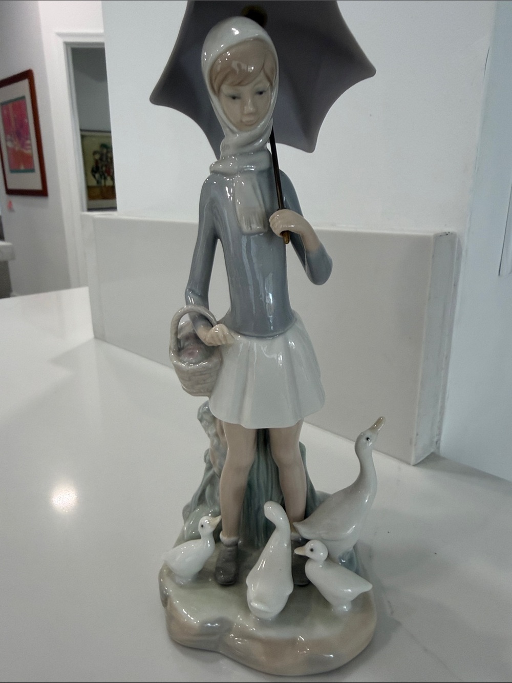 Lladro Porcelain Girl with Umbrella in Gray and White